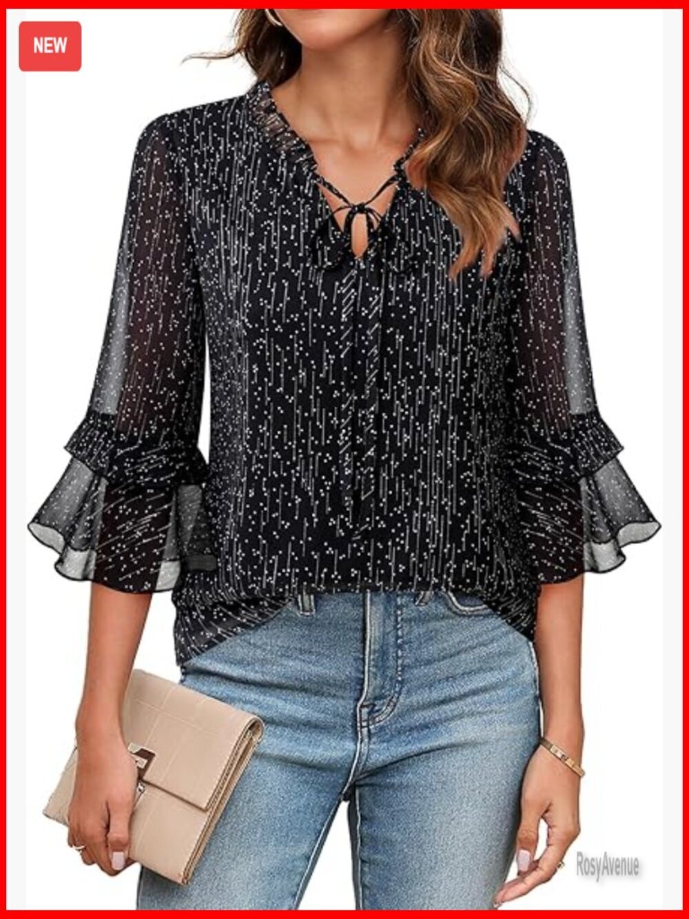 Elegant 3/4 Sleeve V-Neck Ruffle Blouse Tunics Work Shirt